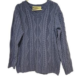 Aran Crafts Ireland Cotton Blend Blue Chunky Fisherman Cable V-Neck Sweater, Med